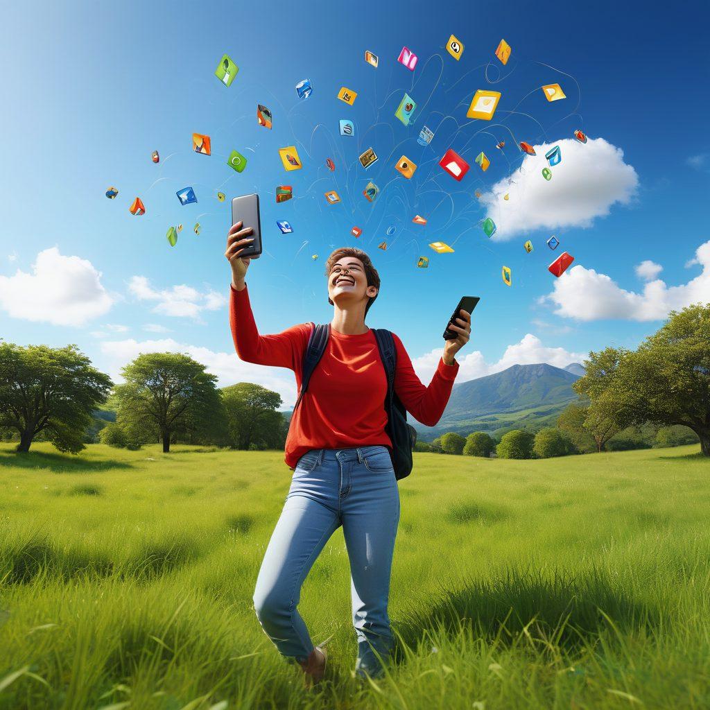 A dynamic scene showcasing a person joyfully using a mobile phone outdoors, surrounded by nature, symbolizing freedom and connectivity. Include elements like open skies, green landscapes, and digital icons around the phone to represent various services. The person should embody a sense of excitement and liberation. Bright and uplifting colors to enhance the feeling of joy and freedom. super-realistic. vibrant colors. white background.