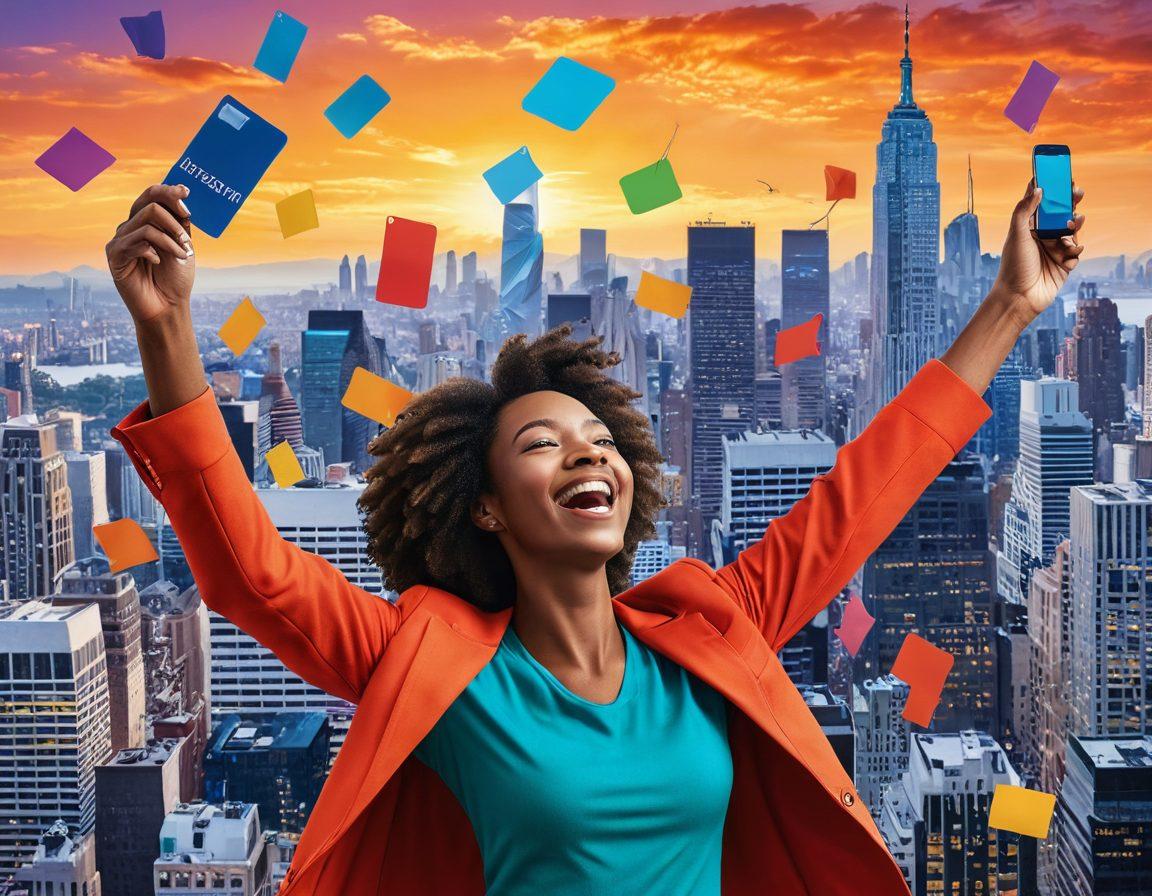 A person joyfully breaking free from chains symbolizing carrier restrictions while holding an unlocked SIM card high in the air, surrounded by various mobile devices showcasing unlimited network options. In the background, a vibrant city skyline representing connectivity and freedom. Bright and uplifting color palette to convey a sense of liberation. super-realistic. vibrant colors. white background.