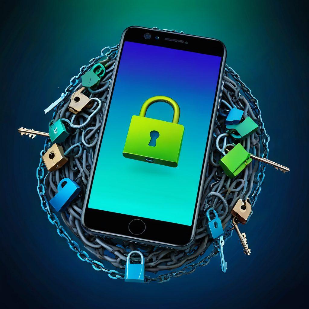 A visually striking smartphone surrounded by chains breaking apart, symbolizing liberation and freedom, with various unlocking symbols (like keys and padlocks) floating around it. The background features a bright gradient of blues and greens, suggesting technology and innovation. The overall vibe is empowering and modern, aimed at tech enthusiasts. super-realistic. vibrant colors. abstract background.